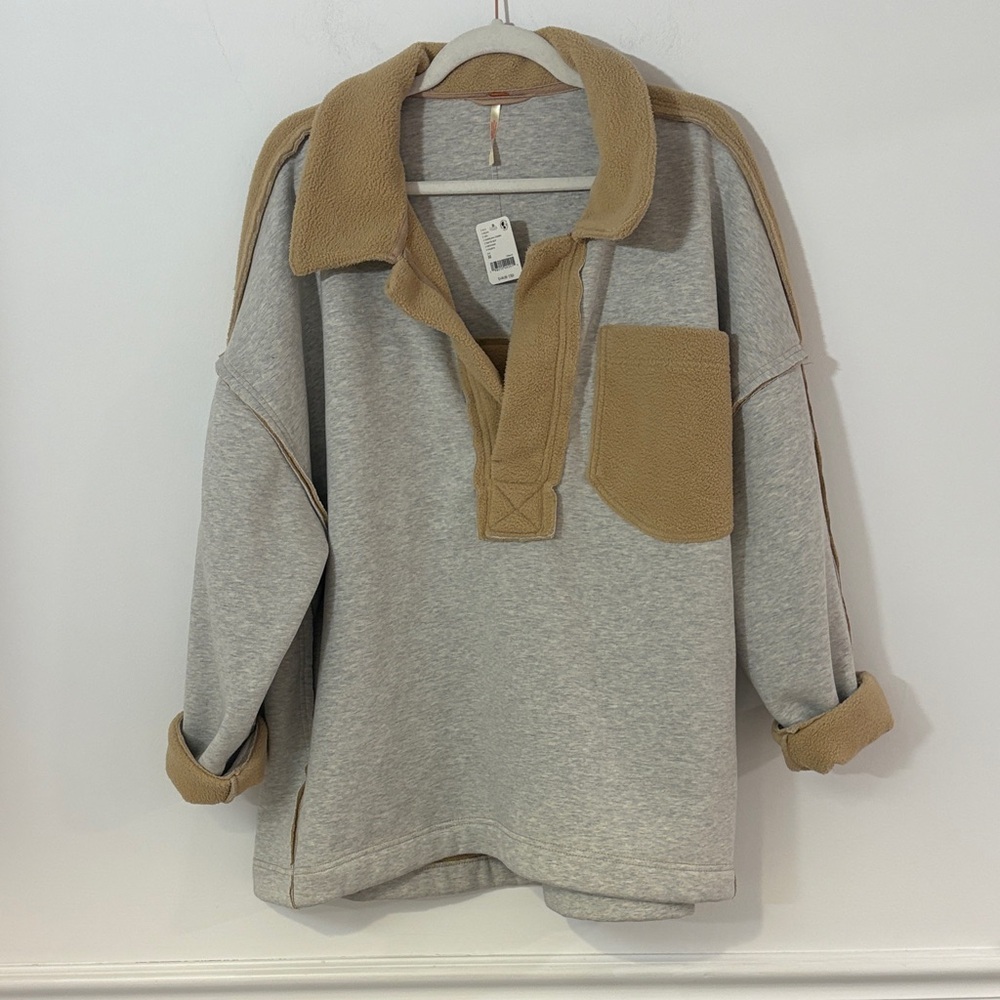 Free People Cozy Contrast Collar Pullover in Heather Gray and Camel - Picture 1 of 5